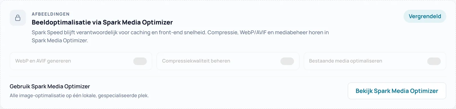 De vergrendelde kaart Beeldoptimalisatie via Spark Media Optimizer met drie uitgeschakelde voorbeeldschakelaars en de knop Bekijk Spark Media Optimizer