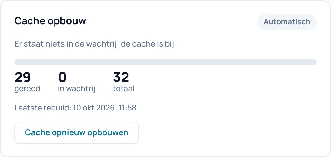 De kaart Cache opbouw met de pil Automatisch, 29 gereed, 0 in wachtrij, 32 totaal en de knop Cache opnieuw opbouwen