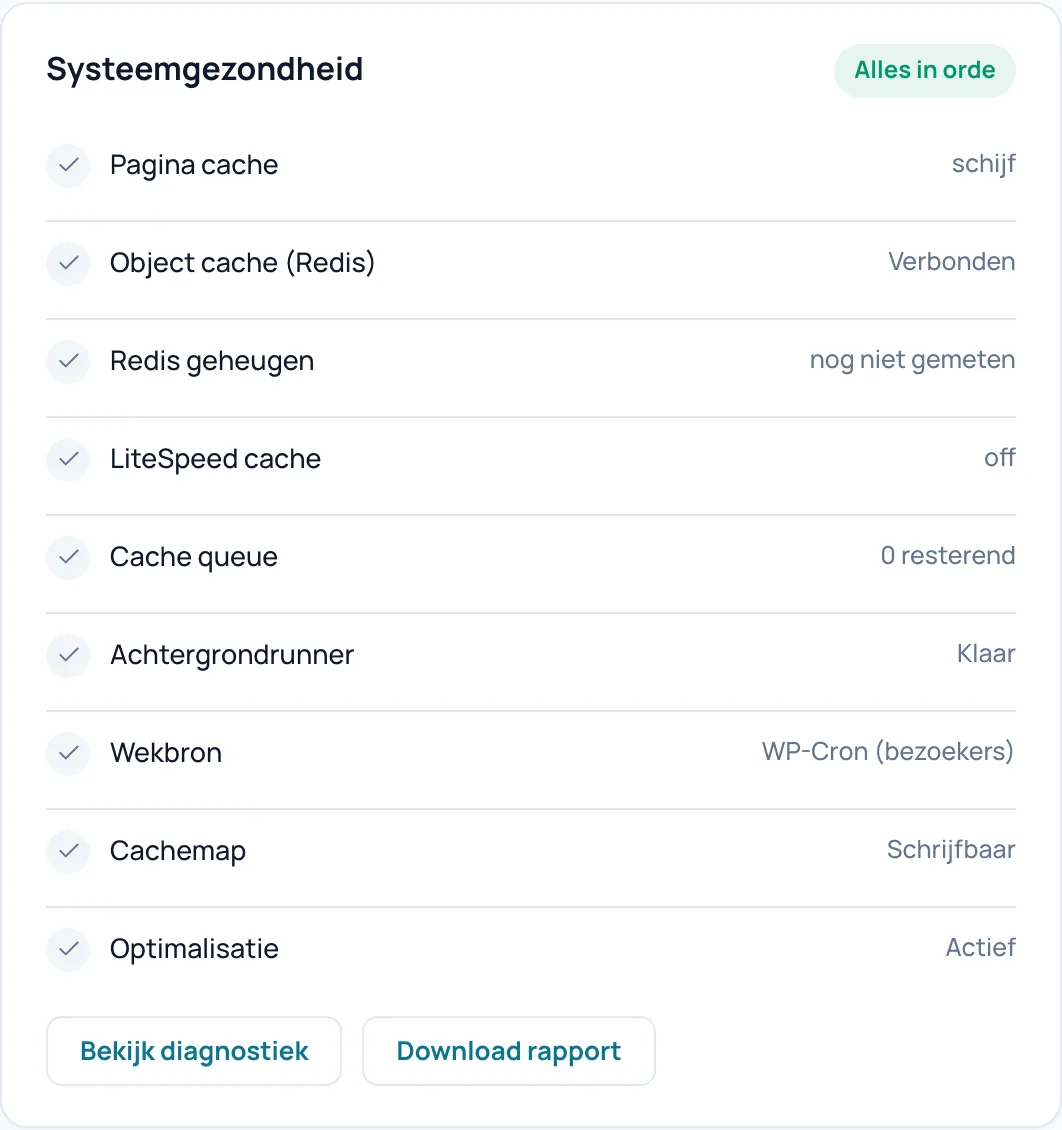 De kaart Systeemgezondheid met de pil Alles in orde en negen regels van Pagina cache tot Optimalisatie