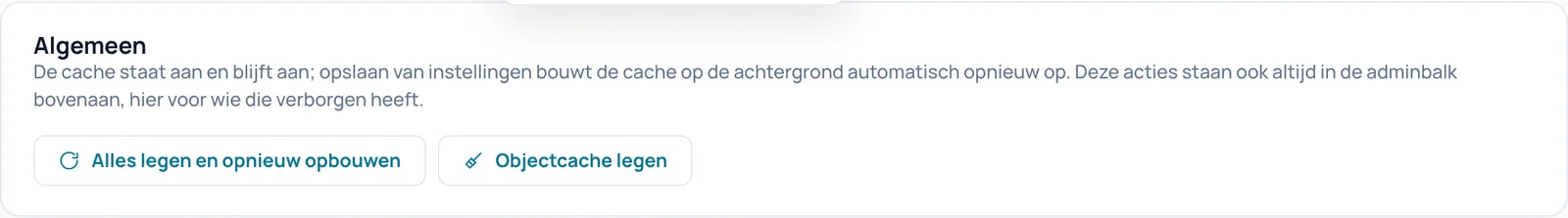 De kaart Algemeen met de knoppen Alles legen en opnieuw opbouwen en Objectcache legen