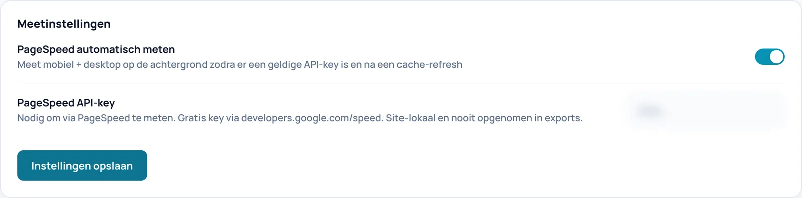De kaart Meetinstellingen met de schakelaar PageSpeed automatisch meten en het veld PageSpeed API-key