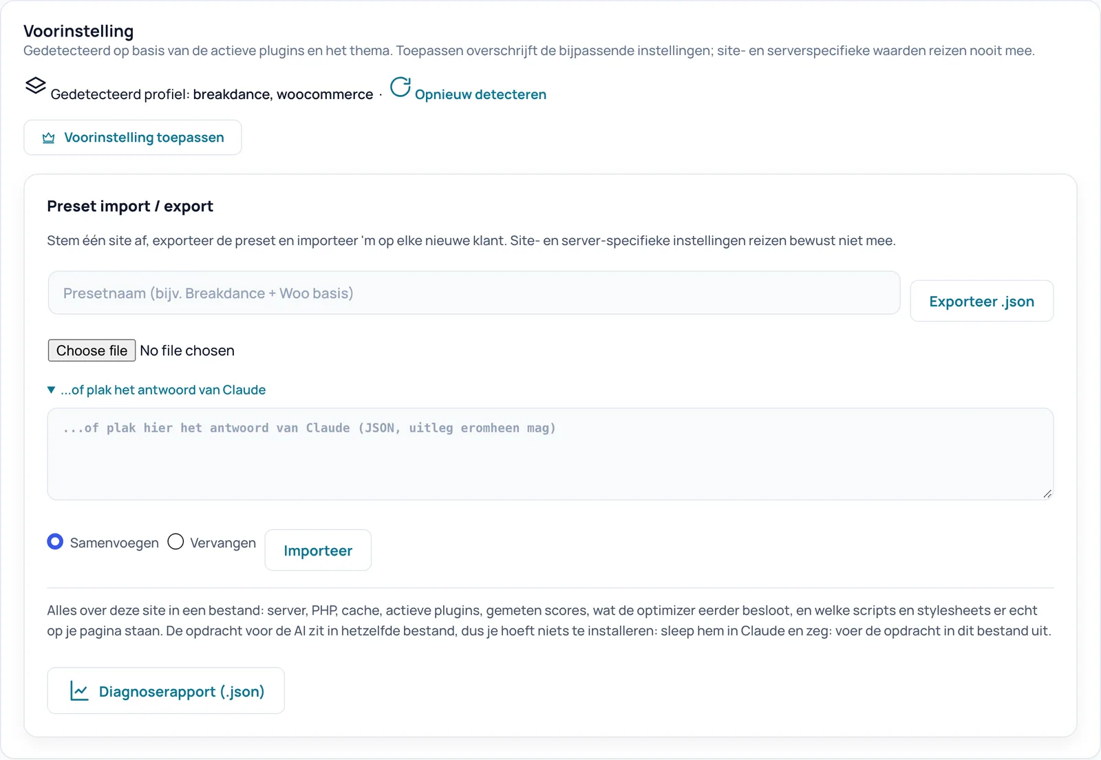 De kaart Voorinstelling met het gedetecteerde profiel breakdance en woocommerce