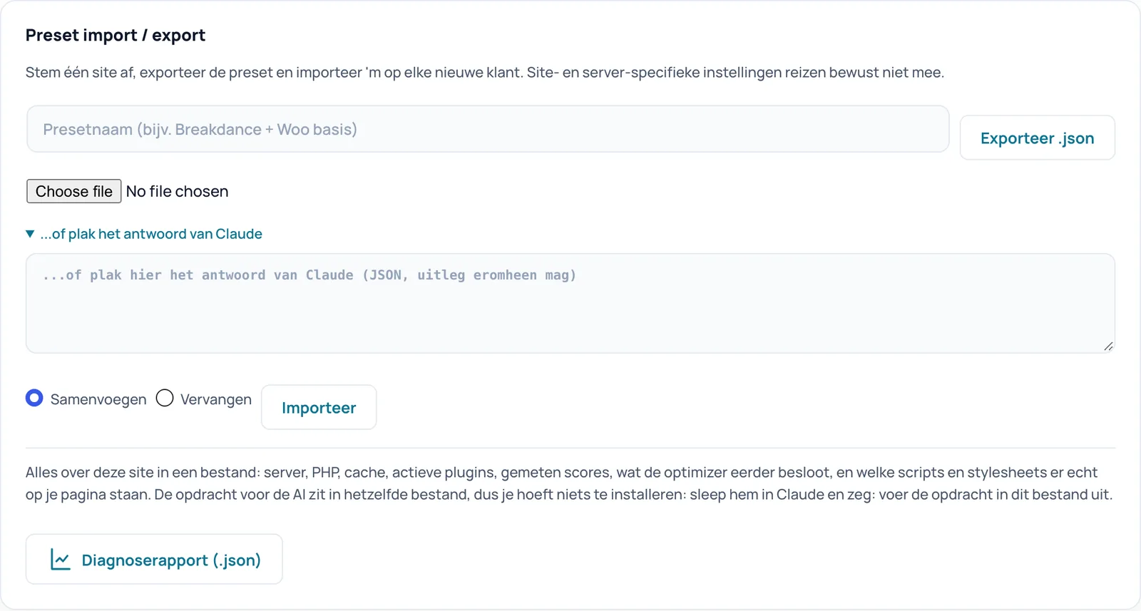 De kaart Preset import / export met de knop Exporteer .json