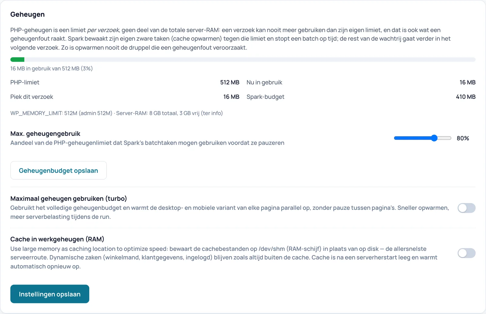 De kaart Geheugen met een balk van 16 MB van 512 MB, de cijfers PHP-limiet, Nu in gebruik, Piek dit verzoek en Spark-budget, de schuif Max. geheugengebruik op 80 procent en de schakelaars turbo en RAM-cache