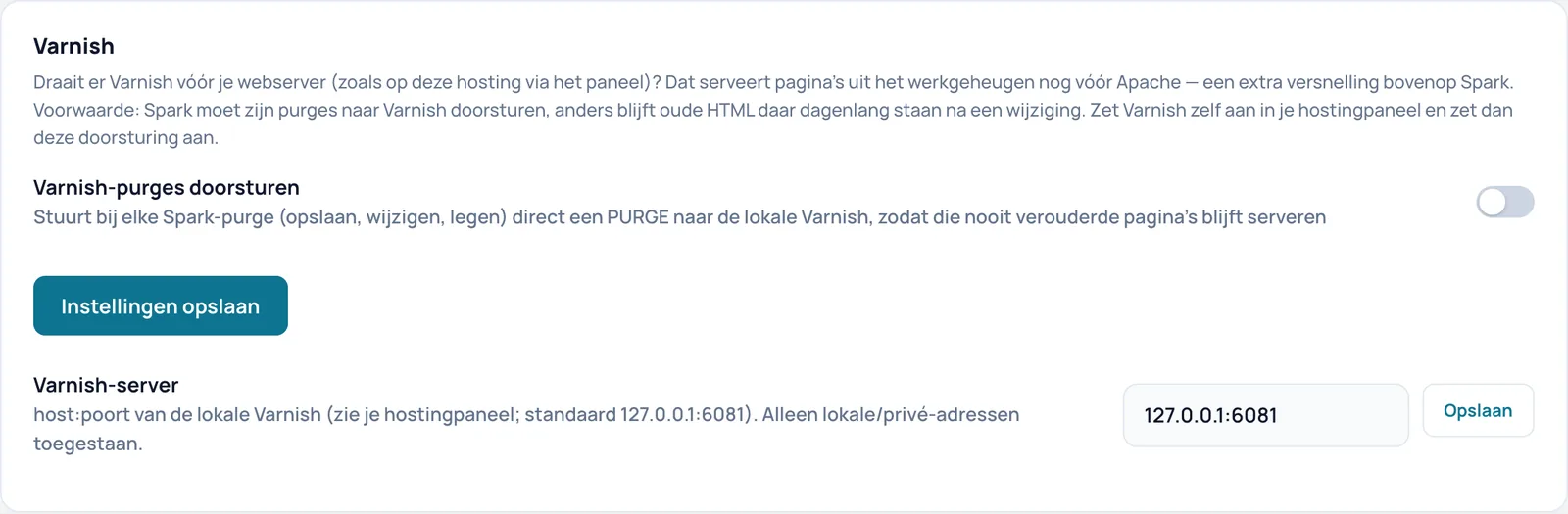 De kaart Varnish met de schakelaar Varnish-purges doorsturen en het veld Varnish-server met 127.0.0.1:6081
