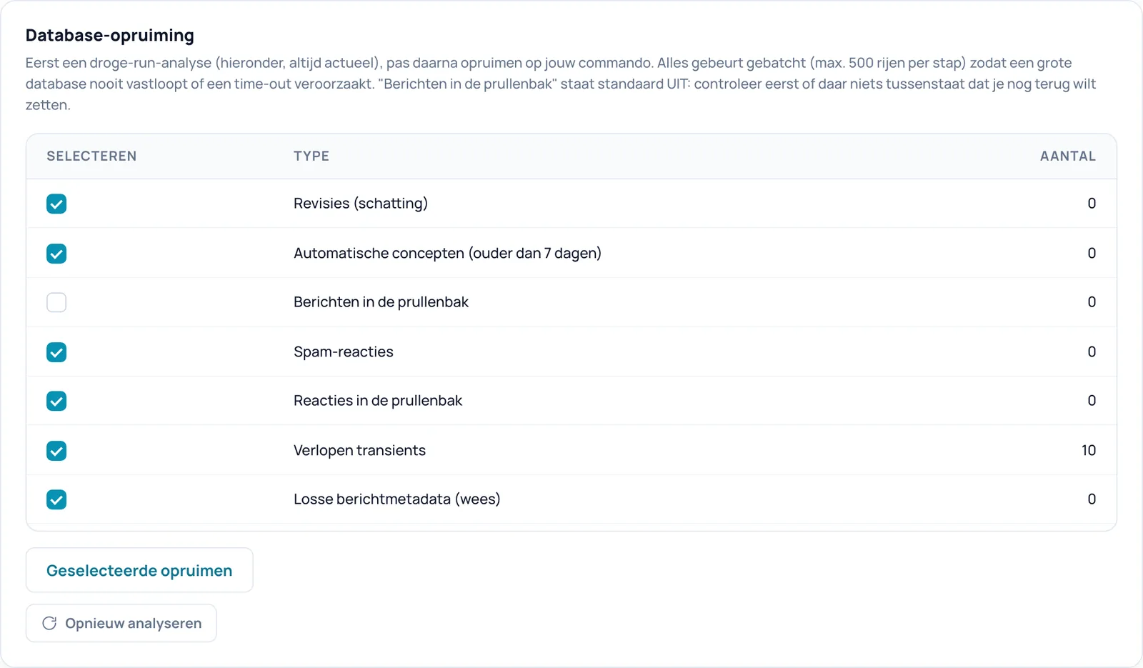 De kaart Database-opruiming met een tabel van opruimbare types, aantallen en de knoppen Geselecteerde opruimen en Opnieuw analyseren