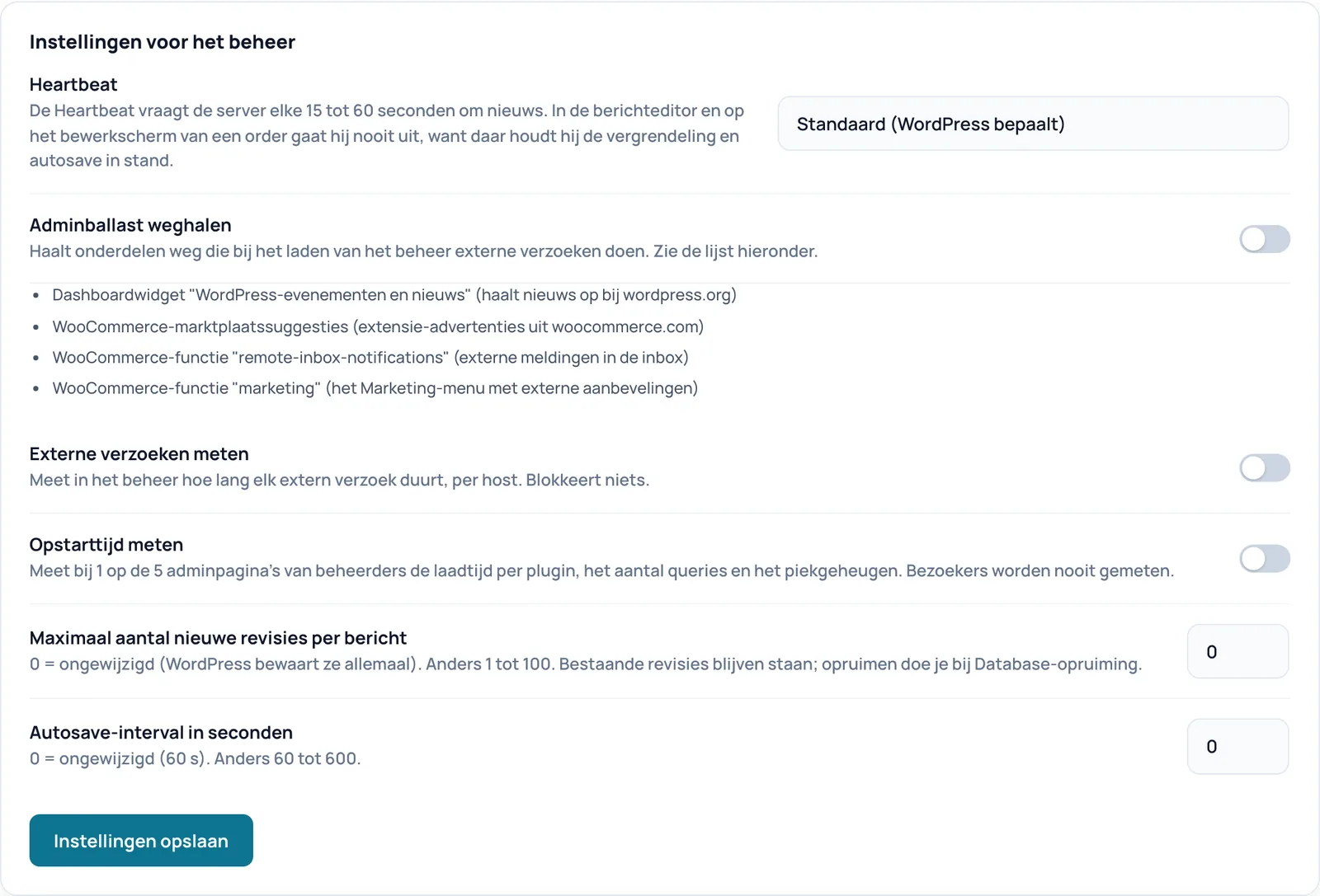 Het blok Instellingen voor het beheer met de keuzelijst Heartbeat, schakelaars voor adminballast, externe verzoeken en opstarttijd, en velden voor revisies en autosave