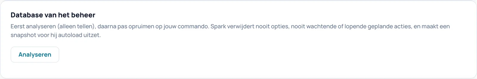 Het blok Database van het beheer met de knop Analyseren