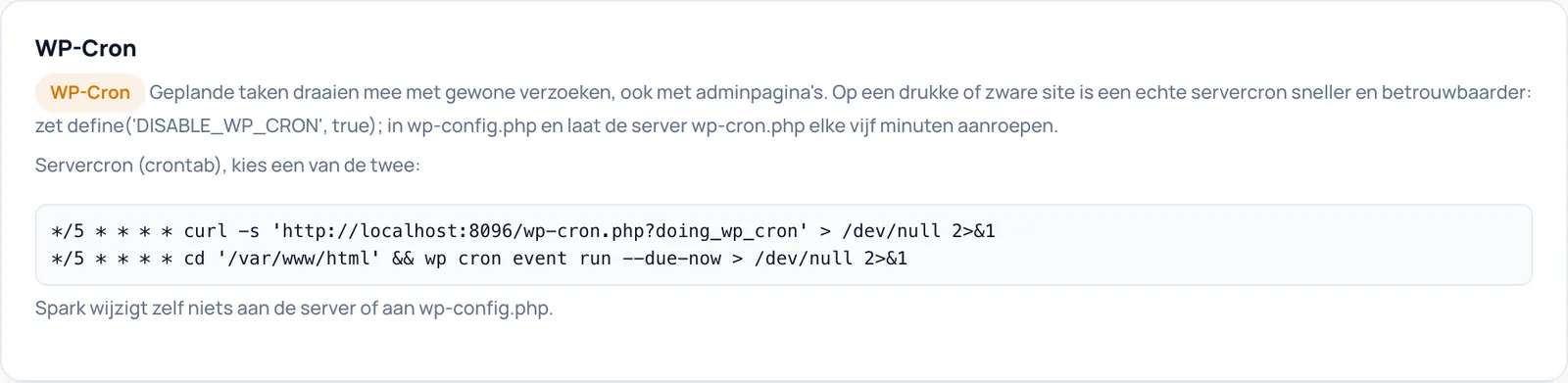 Het blok WP-Cron met uitleg en twee kant-en-klare crontab-regels