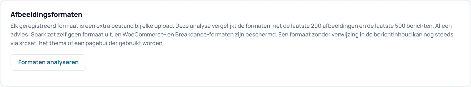 Het blok Afbeeldingsformaten met uitleg en de knop Formaten analyseren