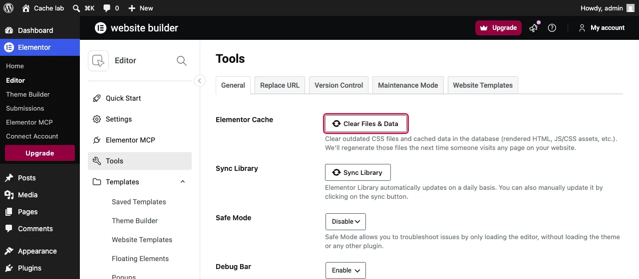 Elementor Tools with the Clear Files & Data button highlighted