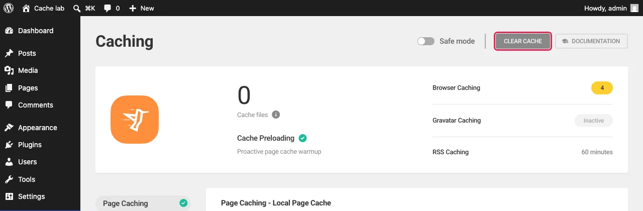 Hummingbird Caching screen with the Clear cache button highlighted