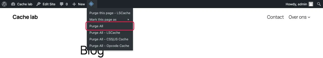 WordPress admin bar with the LiteSpeed menu open and Purge All highlighted