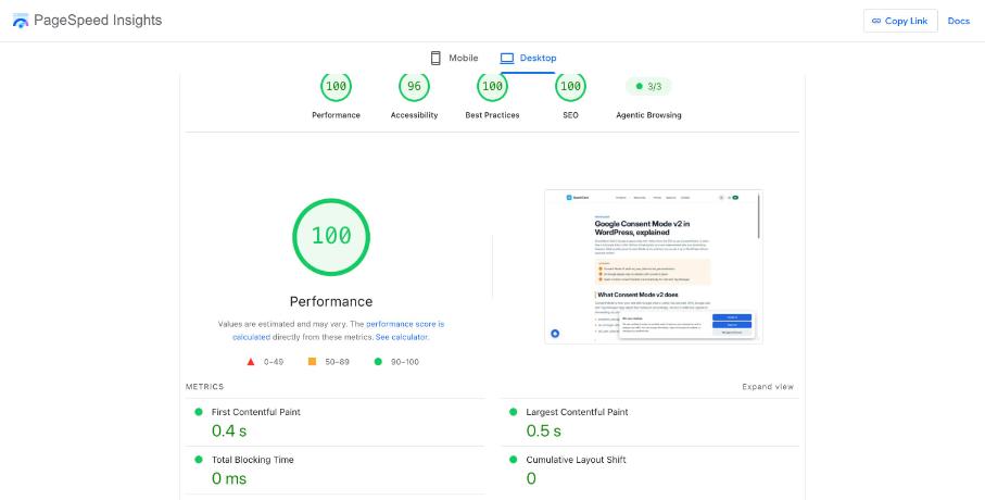 PageSpeed Insights result Knowledge article desktop on sparkcore.io with Spark Speed 0.73.2