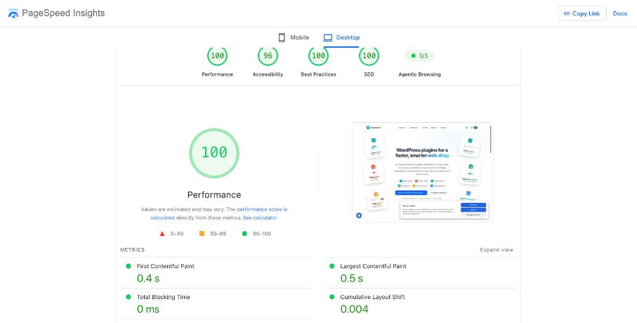 PageSpeed Insights result Homepage desktop on sparkcore.io with Spark Speed 0.73.2