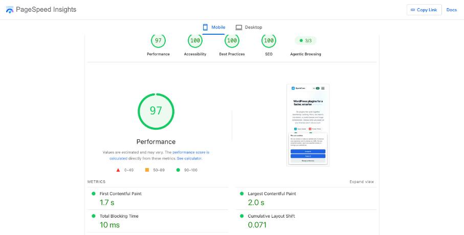 PageSpeed Insights result Homepage mobile on sparkcore.io with Spark Speed 0.73.2