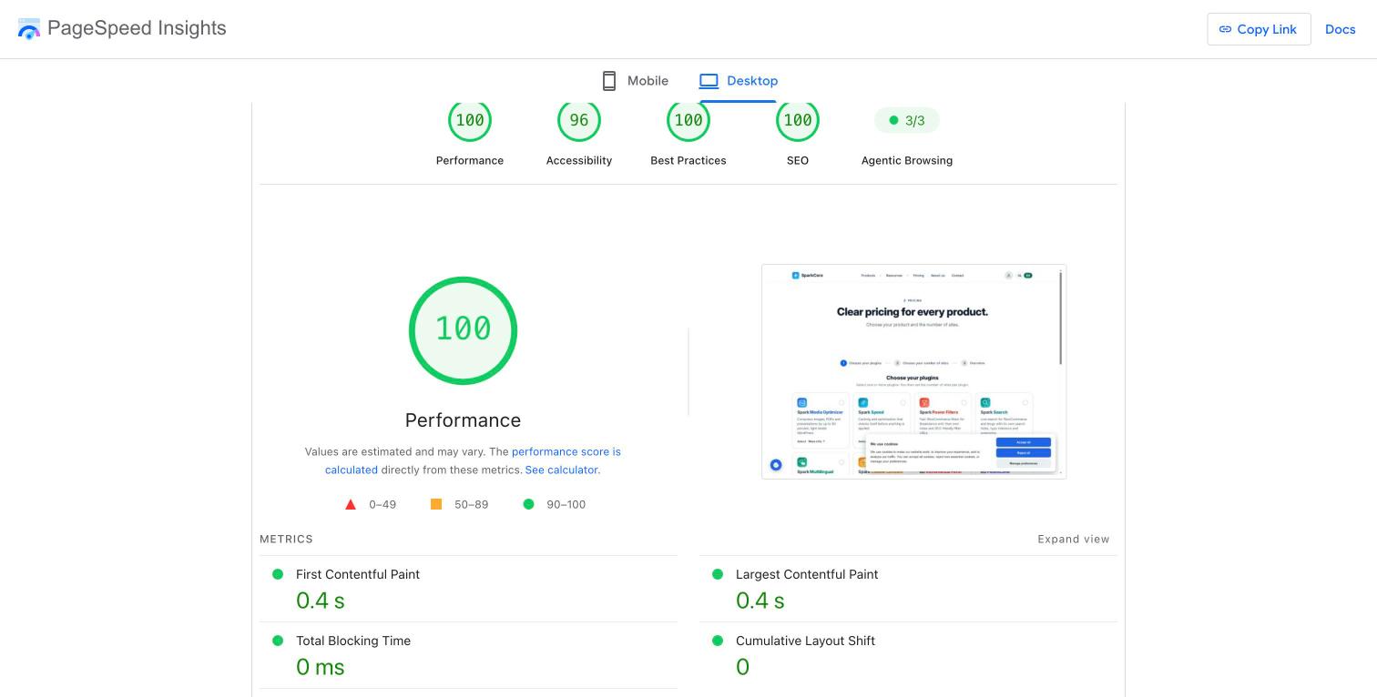 PageSpeed Insights result Pricing desktop on sparkcore.io with Spark Speed 0.73.2