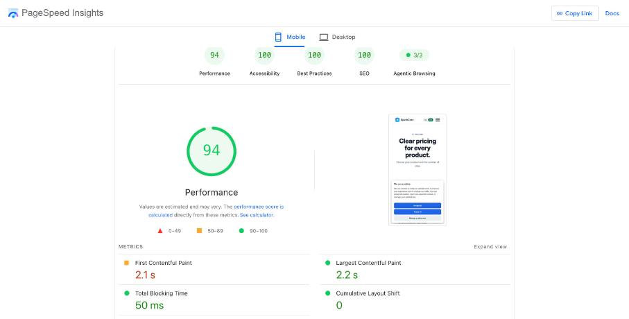 PageSpeed Insights result Pricing mobile on sparkcore.io with Spark Speed 0.73.2