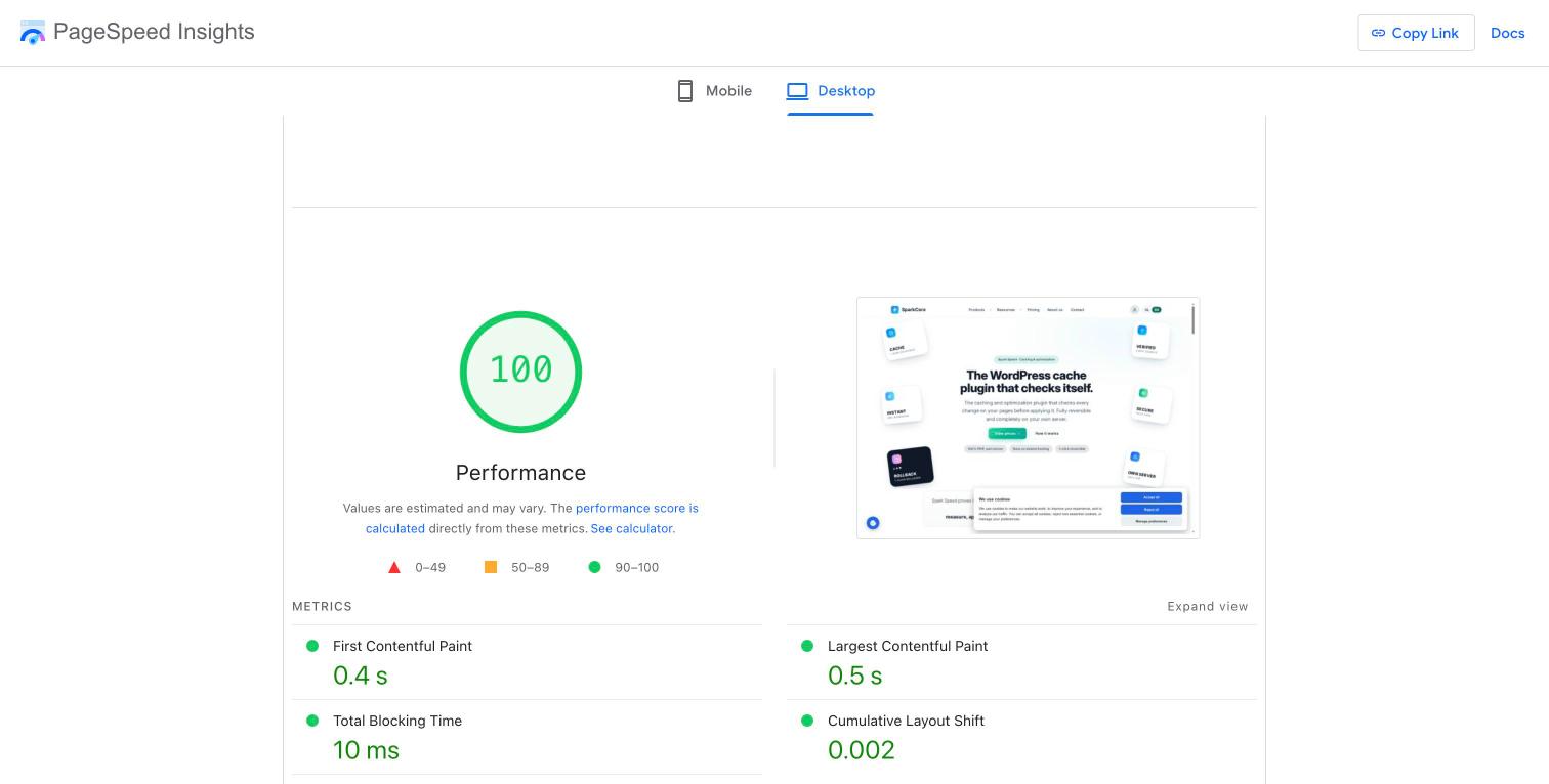 PageSpeed Insights result Spark Speed product page desktop on sparkcore.io with Spark Speed 0.73.2