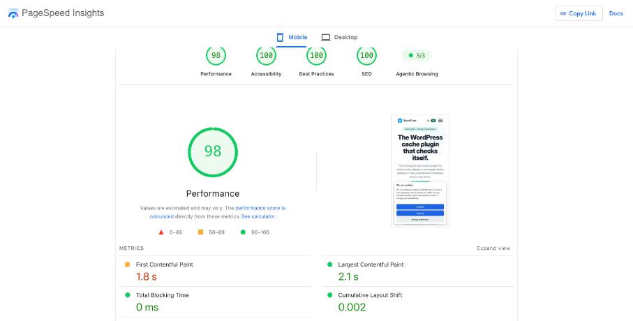 PageSpeed Insights result Spark Speed product page mobile on sparkcore.io with Spark Speed 0.73.2