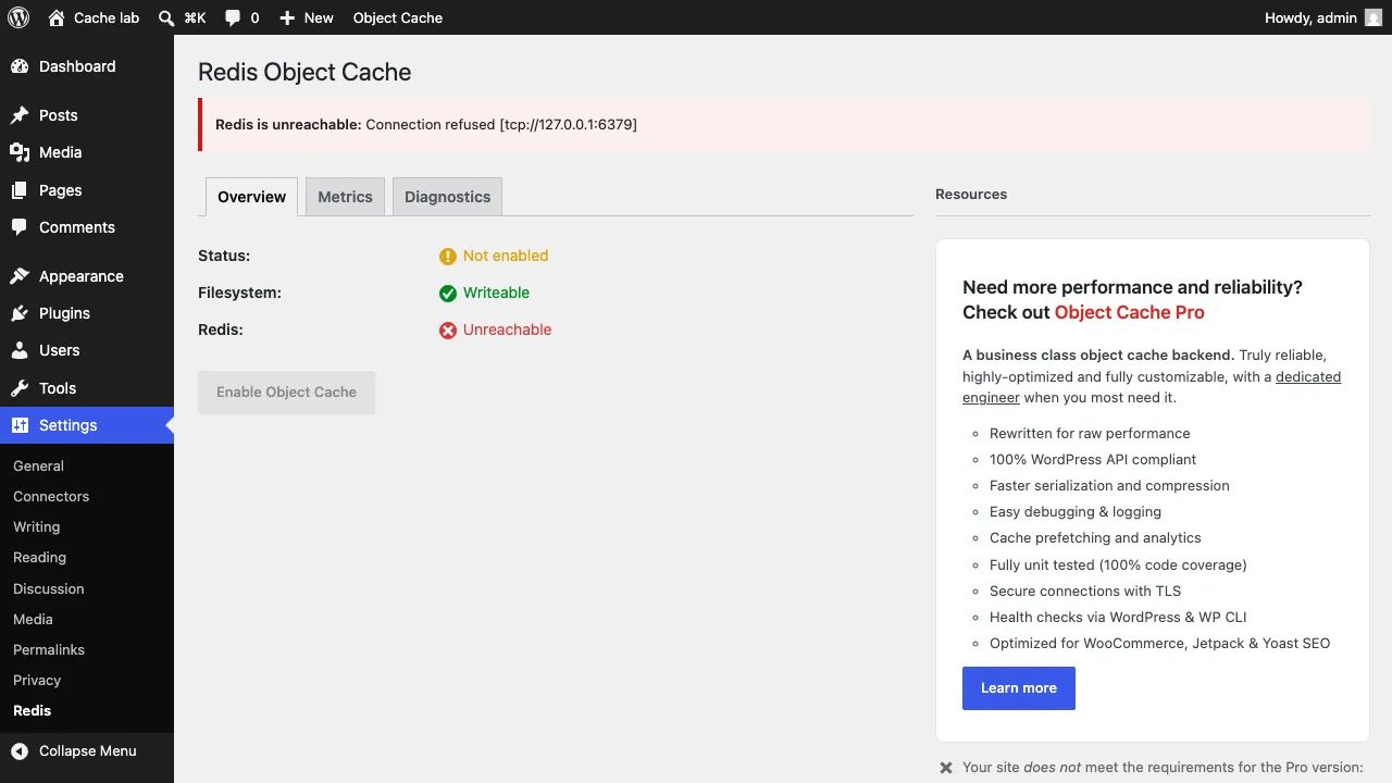 Redis Object Cache settings showing Redis is unreachable and a disabled Enable Object Cache button