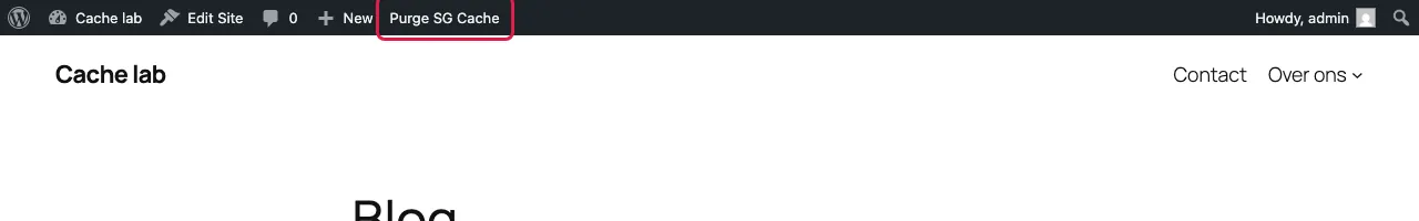 Admin bar with the Purge SG Cache button highlighted