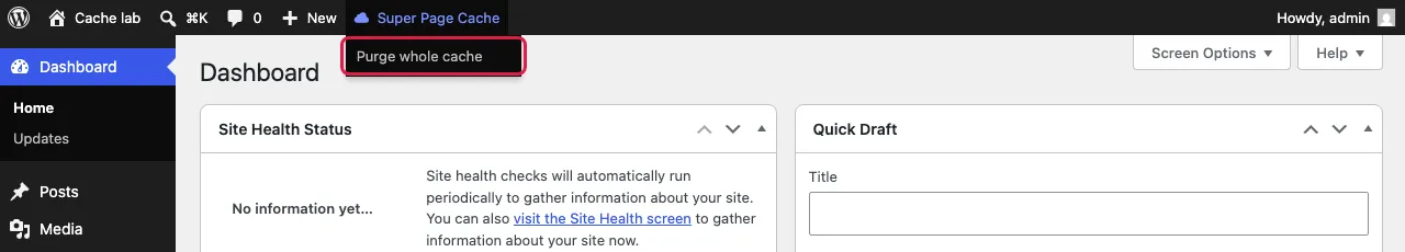 Admin bar with Super Page Cache open and Purge whole cache highlighted