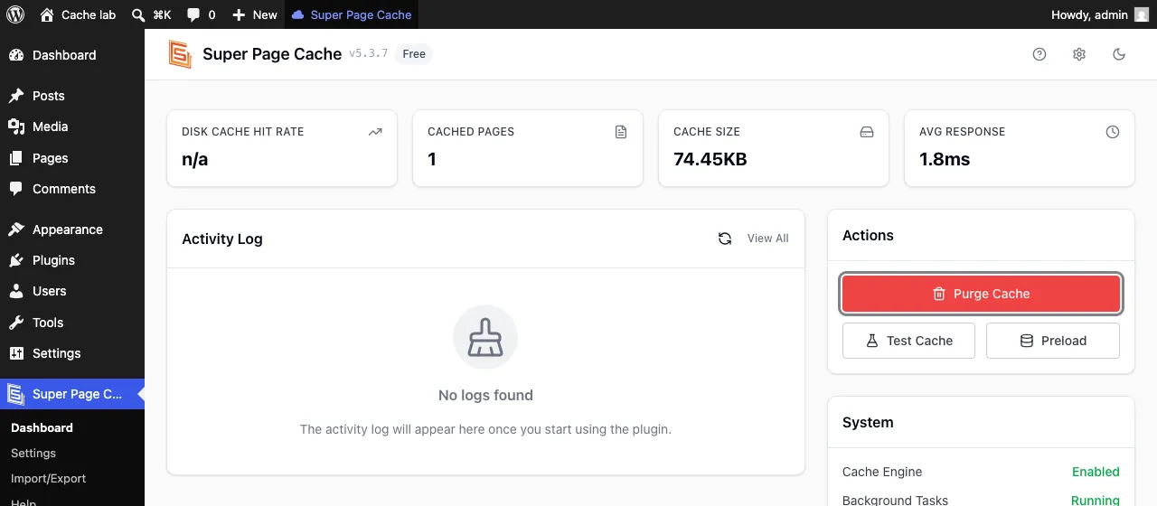 Super Page Cache dashboard with the Purge Cache button highlighted