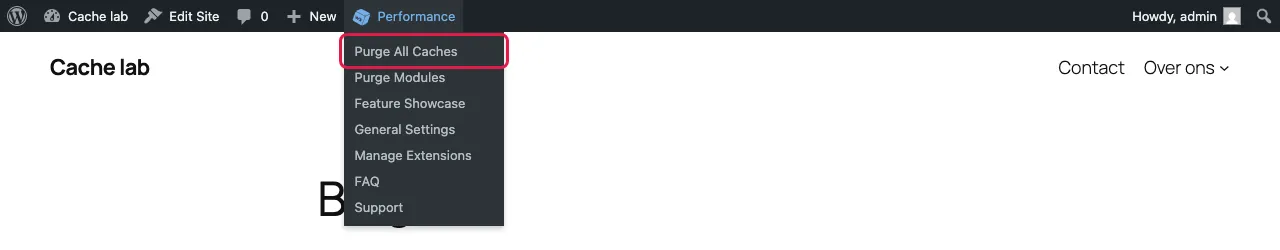 Admin bar with the W3 Total Cache Performance menu open and Purge All Caches highlighted