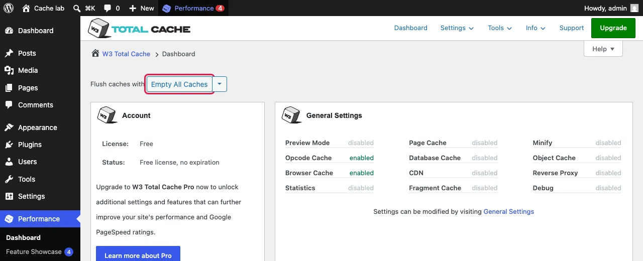 W3 Total Cache dashboard with the Empty All Caches button highlighted