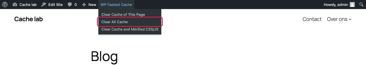 Admin bar with the WP Fastest Cache menu open and Clear All Cache highlighted