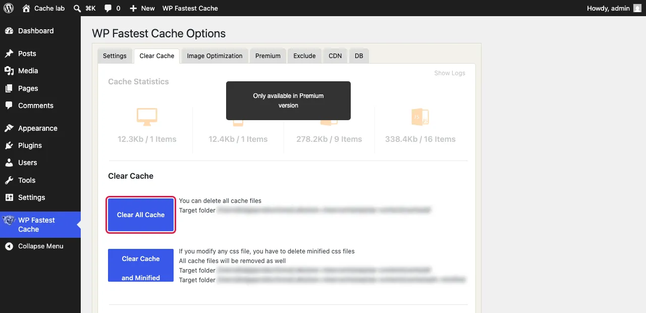 WP Fastest Cache, Clear Cache tab, with the Clear All Cache button highlighted