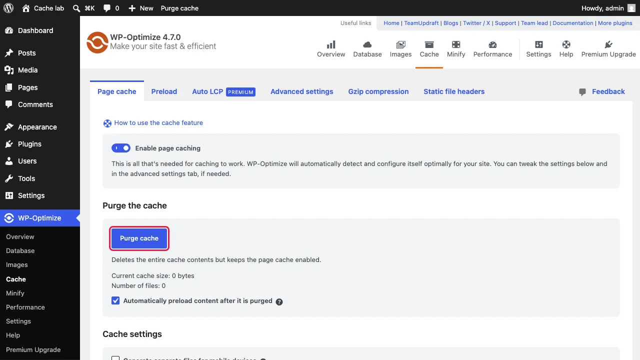 WP-Optimize, Page cache tab, with the Purge cache button highlighted